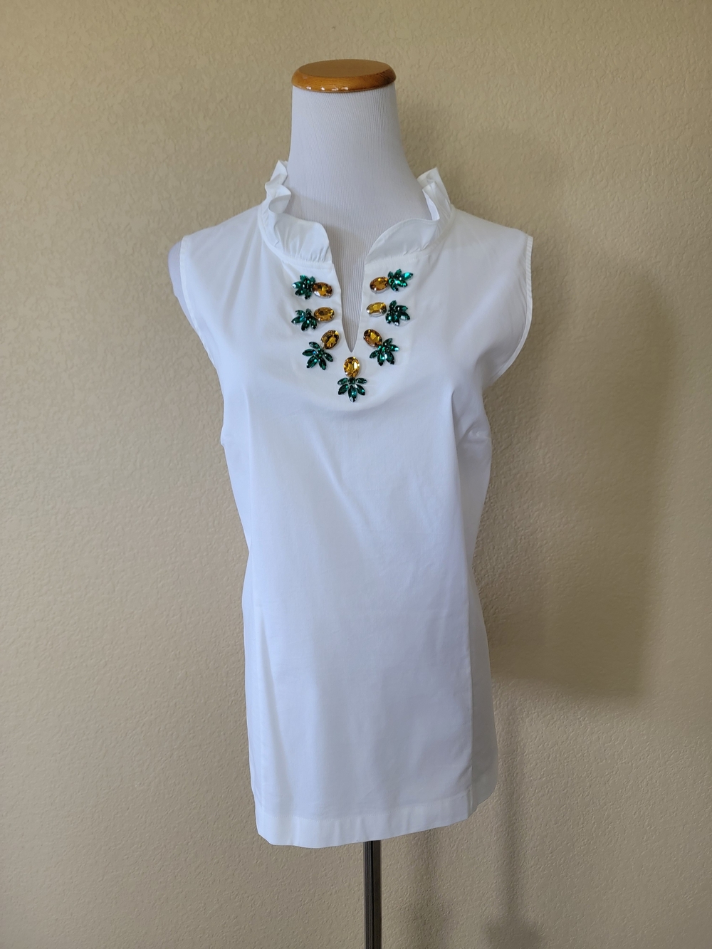 Talbots White Sleeveless Pineapple Jewel-Neck Top, Size L
